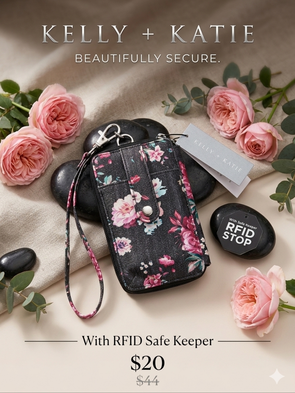 Kelly & Katie Black Floral Wristlet Phone Pouch with Pink Flowers